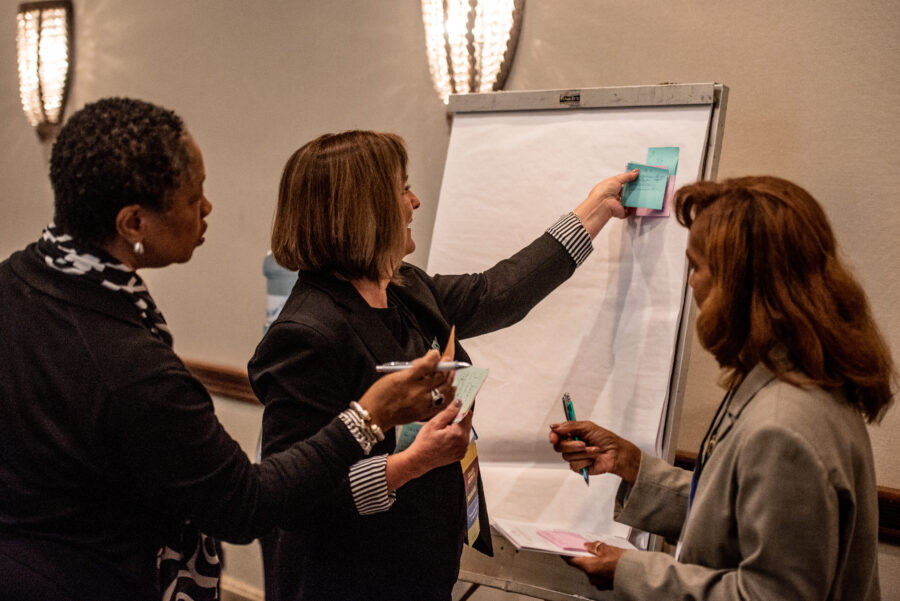 Photo of three women gathered around an easel with post-it notes