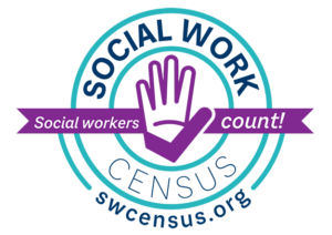 Social work census logo, featuring a raised hand and a ribbon with text reading "Social Workers Count!"