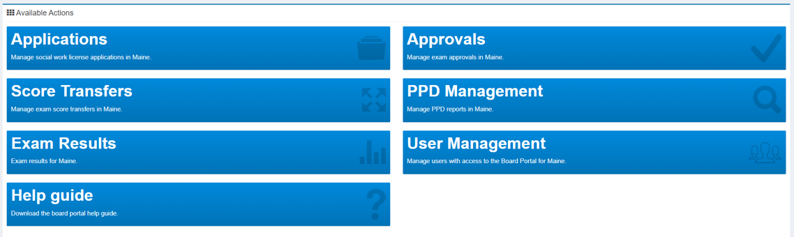 Screen shot from a software system. Items on the screen read "Appications. Approvals. Score Transfers. PPD Management. Exam Results. User Management. Help guide."
