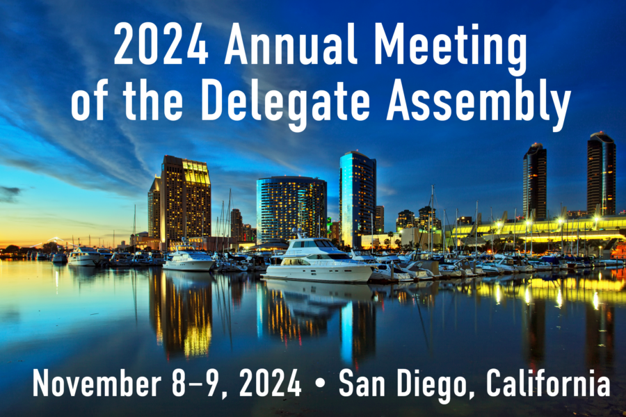 Nighttime photograph of a marina with boats in the foreground and high rise hotels in the background. Text overlay reads "2024 Annual Meeting of the Delegate Assembly. November 8-9, 2024. San Diego, California."