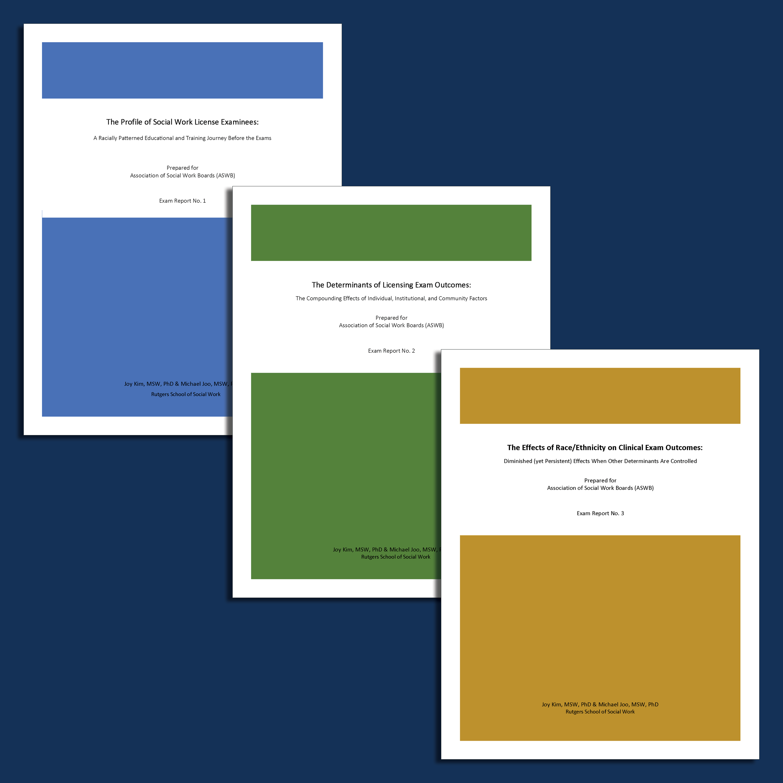 Image of three report covers arranged diagonally against a blue background.